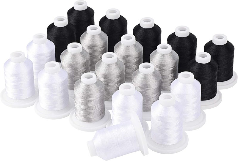 simthread Embroidery Machine Thread Kit 800Y 21 Spools Black White and Silver Grey Colors for Professional Embroidery Design - Image 1